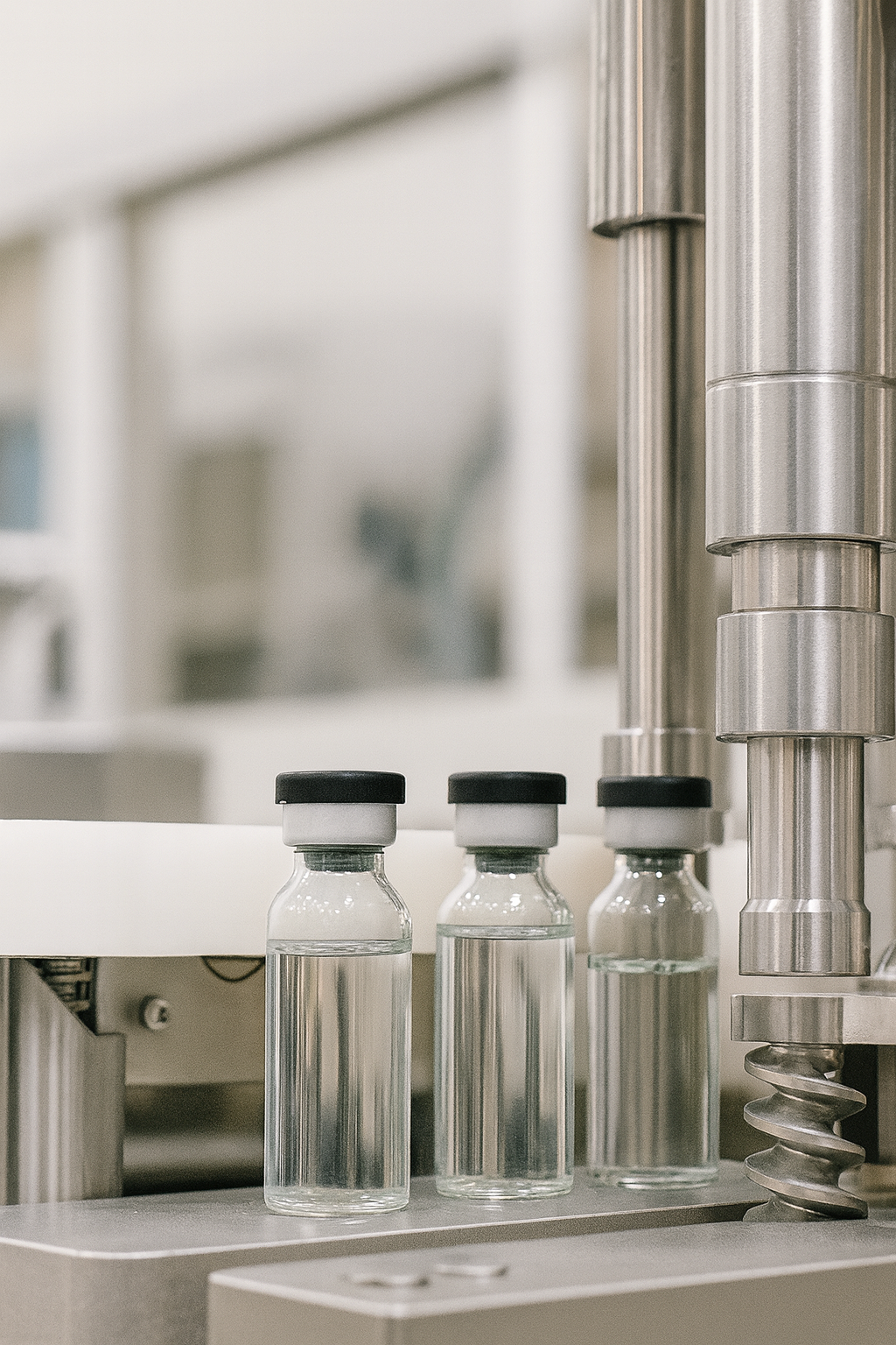 Automated capping equipment sealing sterile liquid vials in pharmaceutical manufacturing.