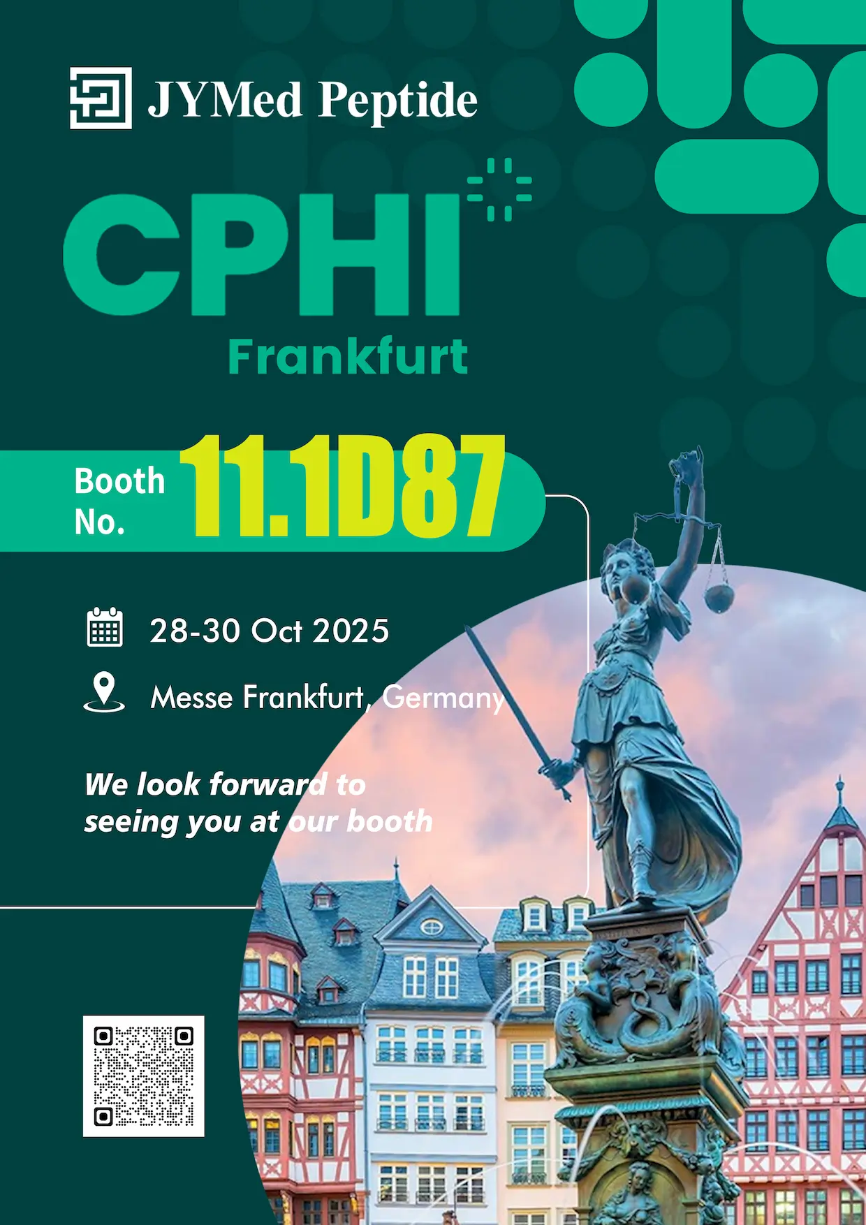 jymed-peptide-cphi-frankfurt-2025-booth-11.1d87.webp YMed Peptide CPHI Frankfurt 2025 booth announcement with event details: Booth 11.1D87, 28–30 October 2025, Messe Frankfurt, Germany.