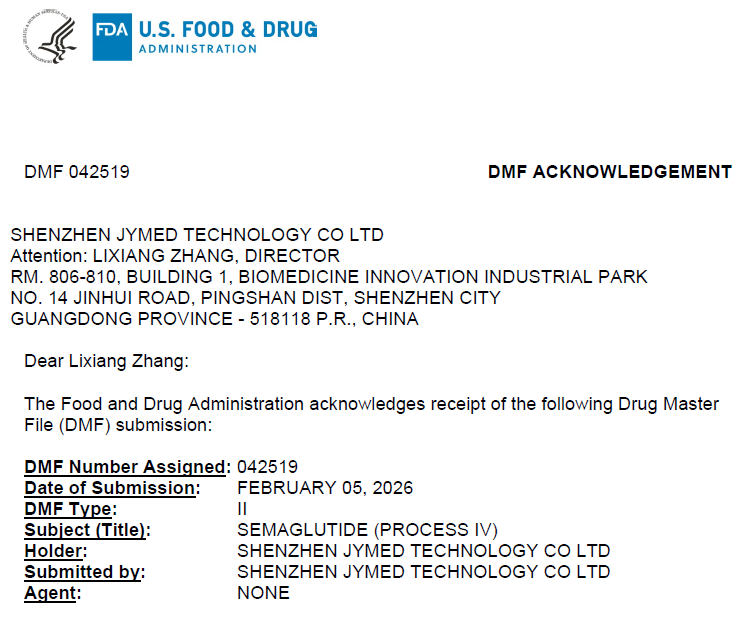 FDA DMF acknowledgment letter for JYMed semaglutide API under new manufacturing process