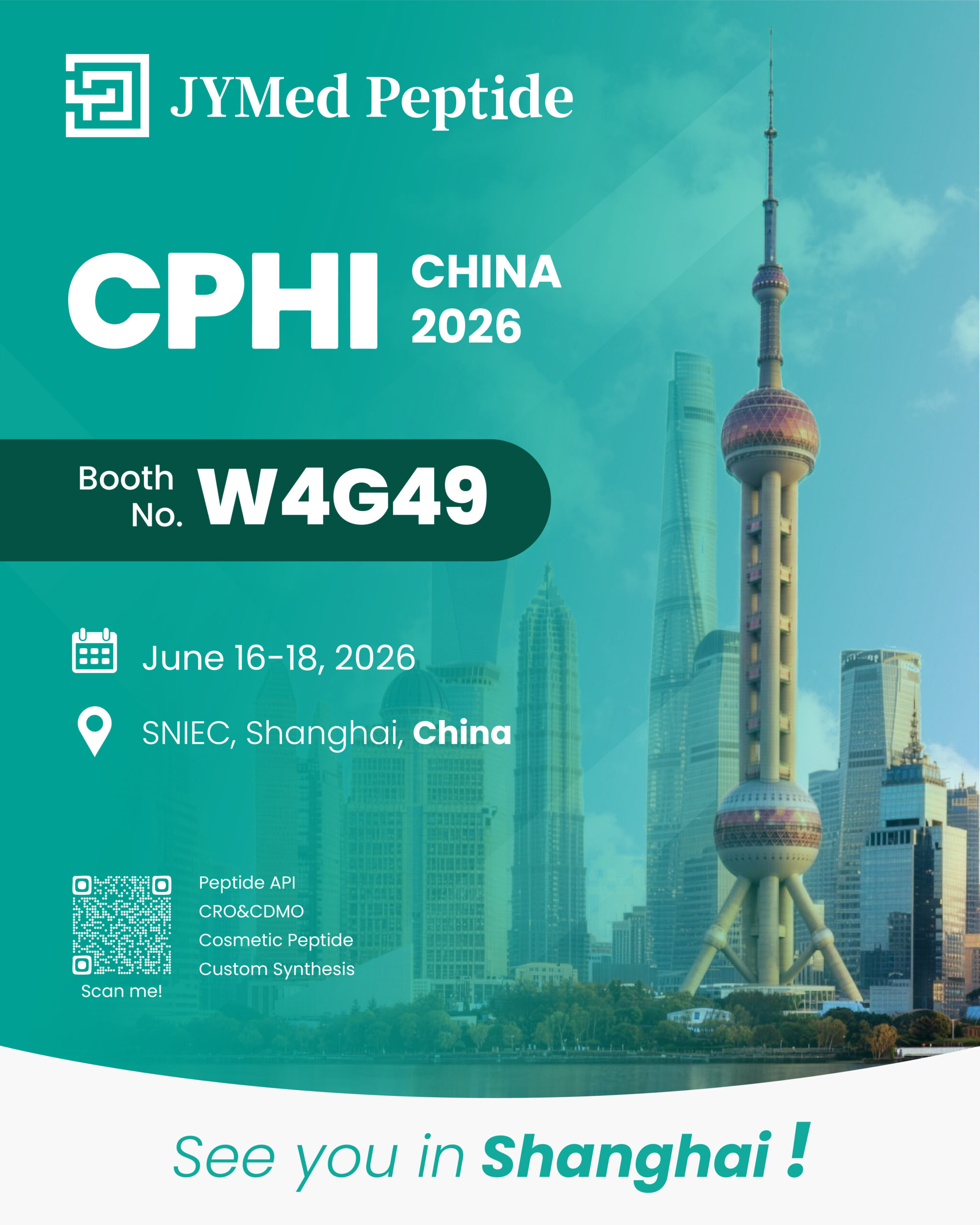 YMed Peptide CPHI Frankfurt 2025 booth announcement with event details: Booth 11.1D87, 28–30 October 2025, Messe Frankfurt, Germany.