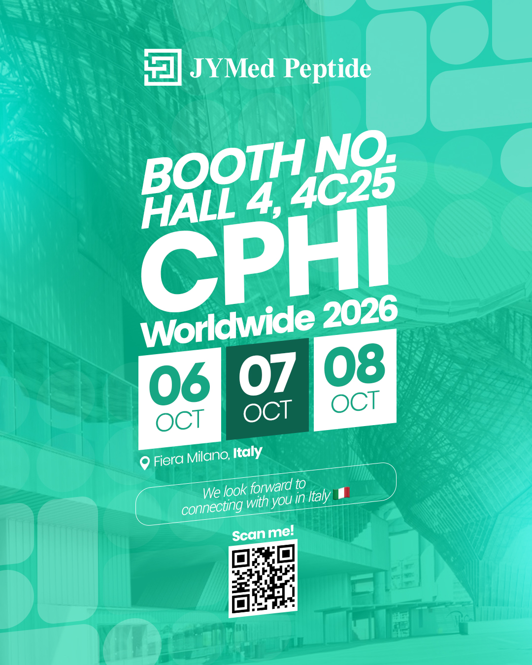 CPHI WORLD 2026V2 YMed Peptide CPHI Frankfurt 2025 booth announcement with event details: Booth 11.1D87, 28–30 October 2025, Messe Frankfurt, Germany.